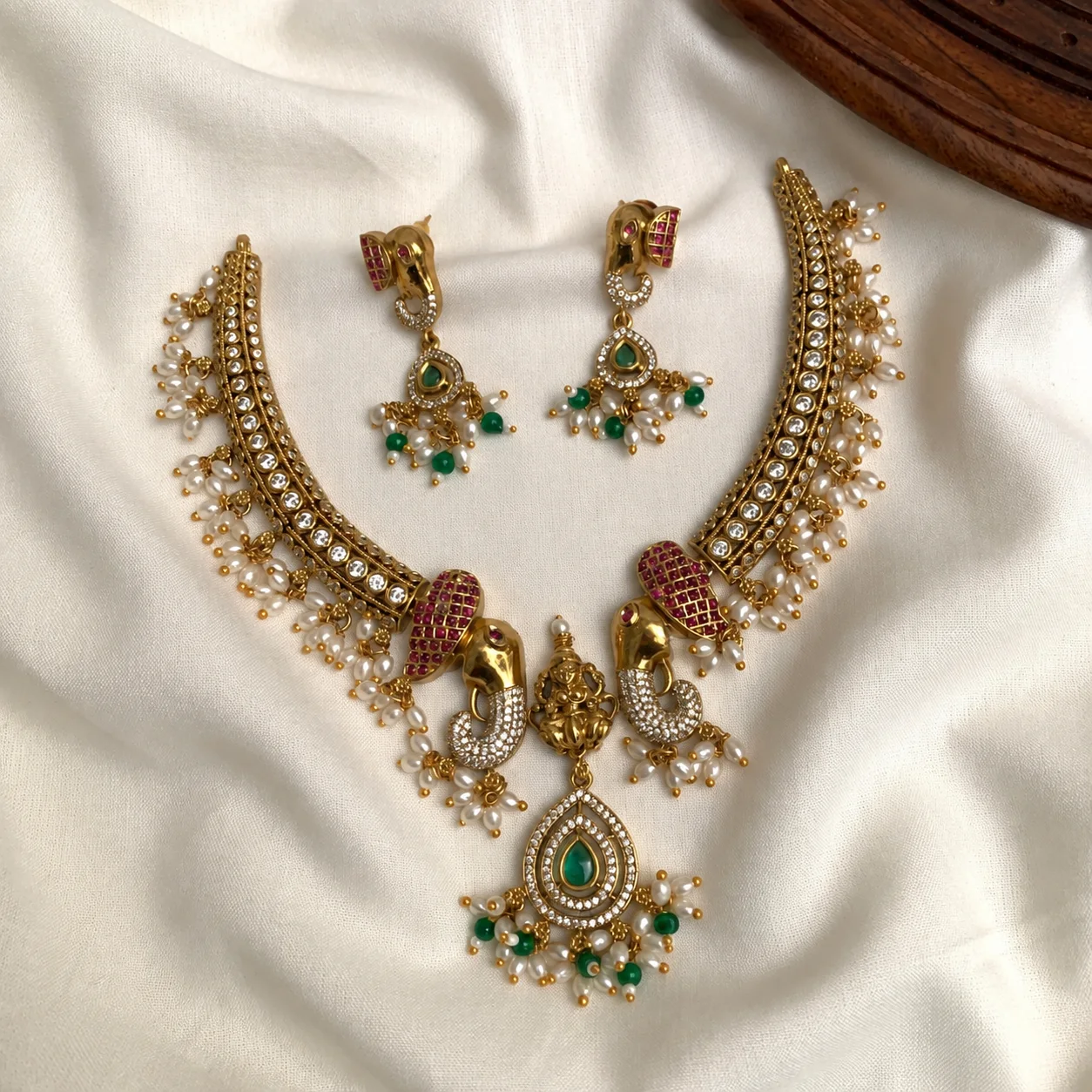 Premium Lakshmi Elephant Kemp with AD Stones Necklace Set - Handcrafted Jewellery by Gleaming Glitz