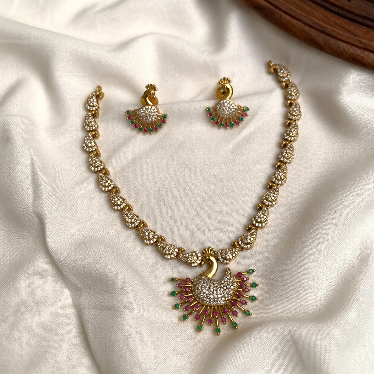 Multi white stone worked peacock designed necklace - Handcrafted Jewellery by Gleaming Glitz