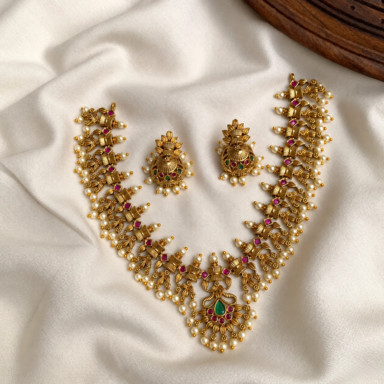 Guttapoosalu Necklace Set With Emeralds And Rubies - Handcrafted Jewellery by Gleaming Glitz