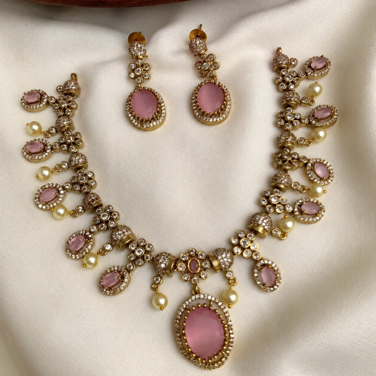 South Indian Pastel Pink Stone Choker Set - Handcrafted Jewellery by Gleaming Glitz