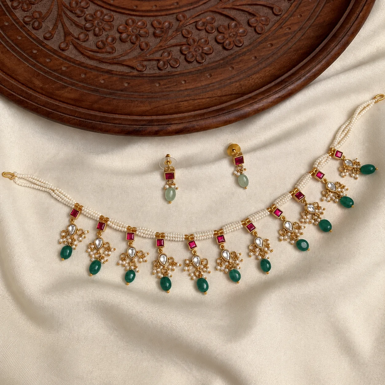 Kundan drop pearl necklace with studs - Handcrafted Jewellery by Gleaming Glitz