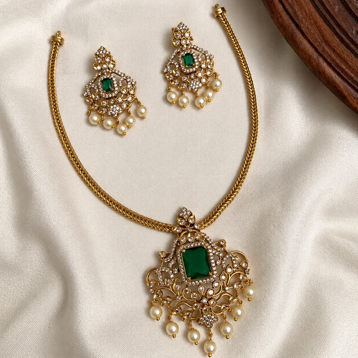 Antique Gold AD Green Stone Pendant Set - Handcrafted Jewellery by Gleaming Glitz
