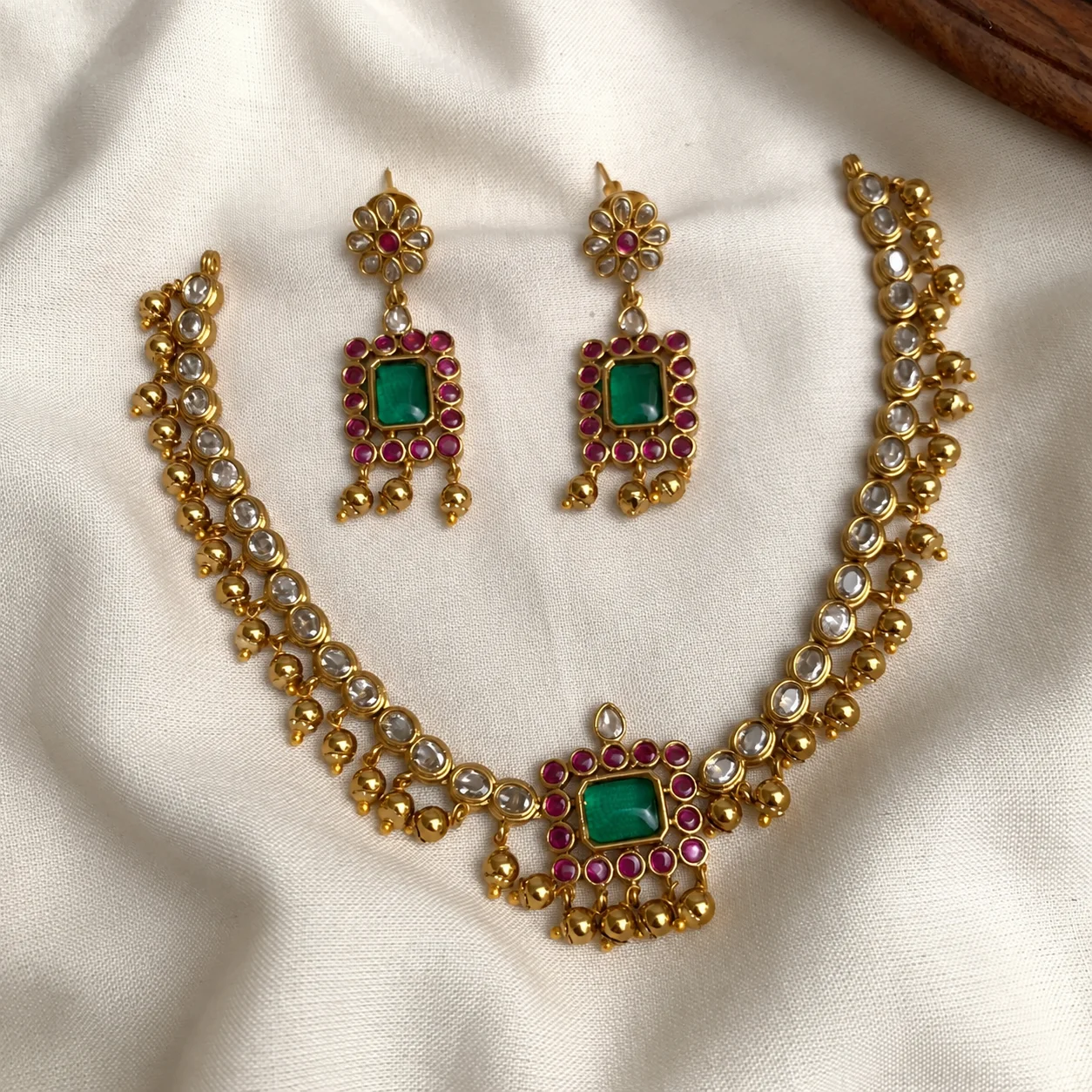 Ruby & Emerald Antique Premium Neck Piece - Handcrafted Jewellery by Gleaming Glitz