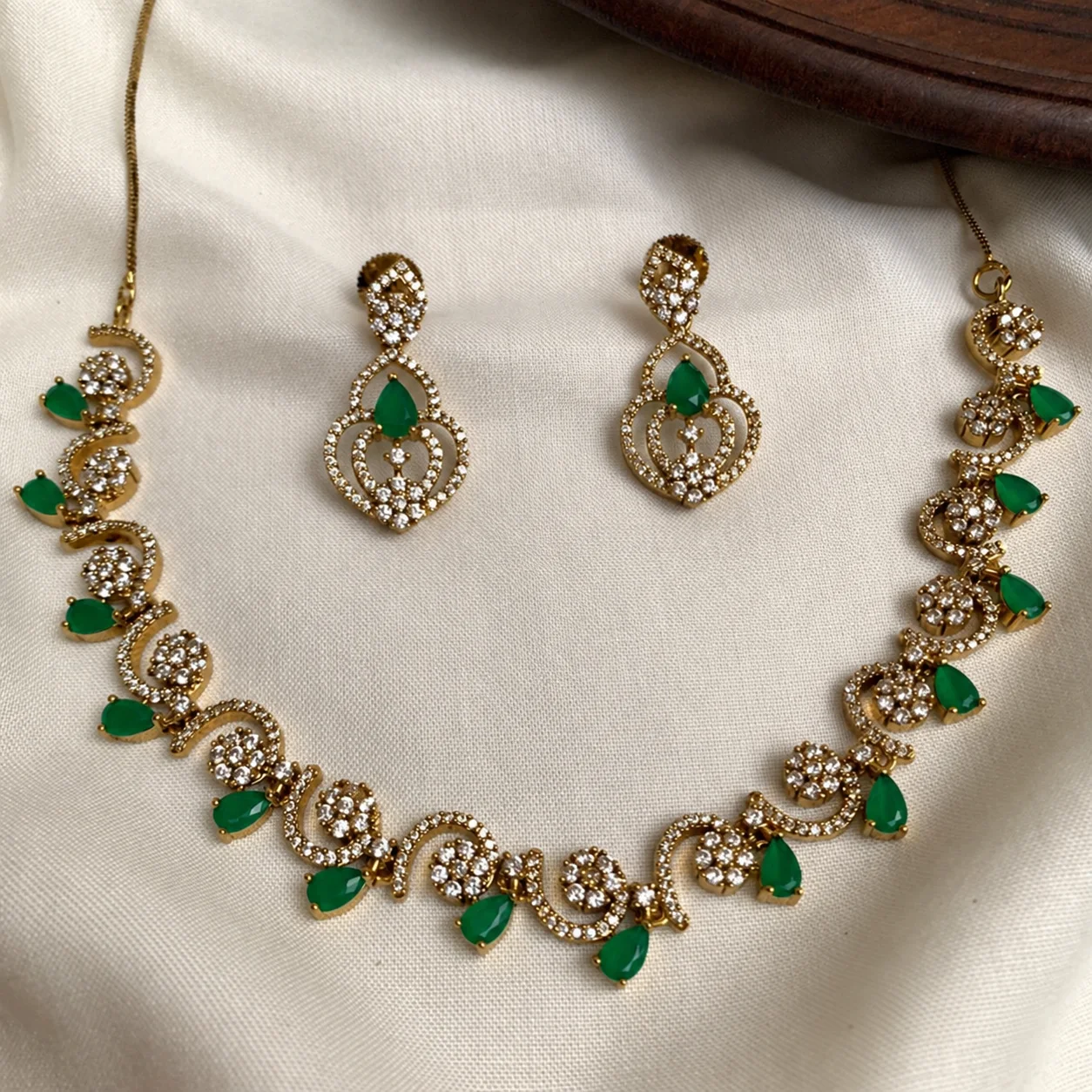 Classic Gold Plated Floral Design CZ Stone Necklace Set - Handcrafted Jewellery by Gleaming Glitz