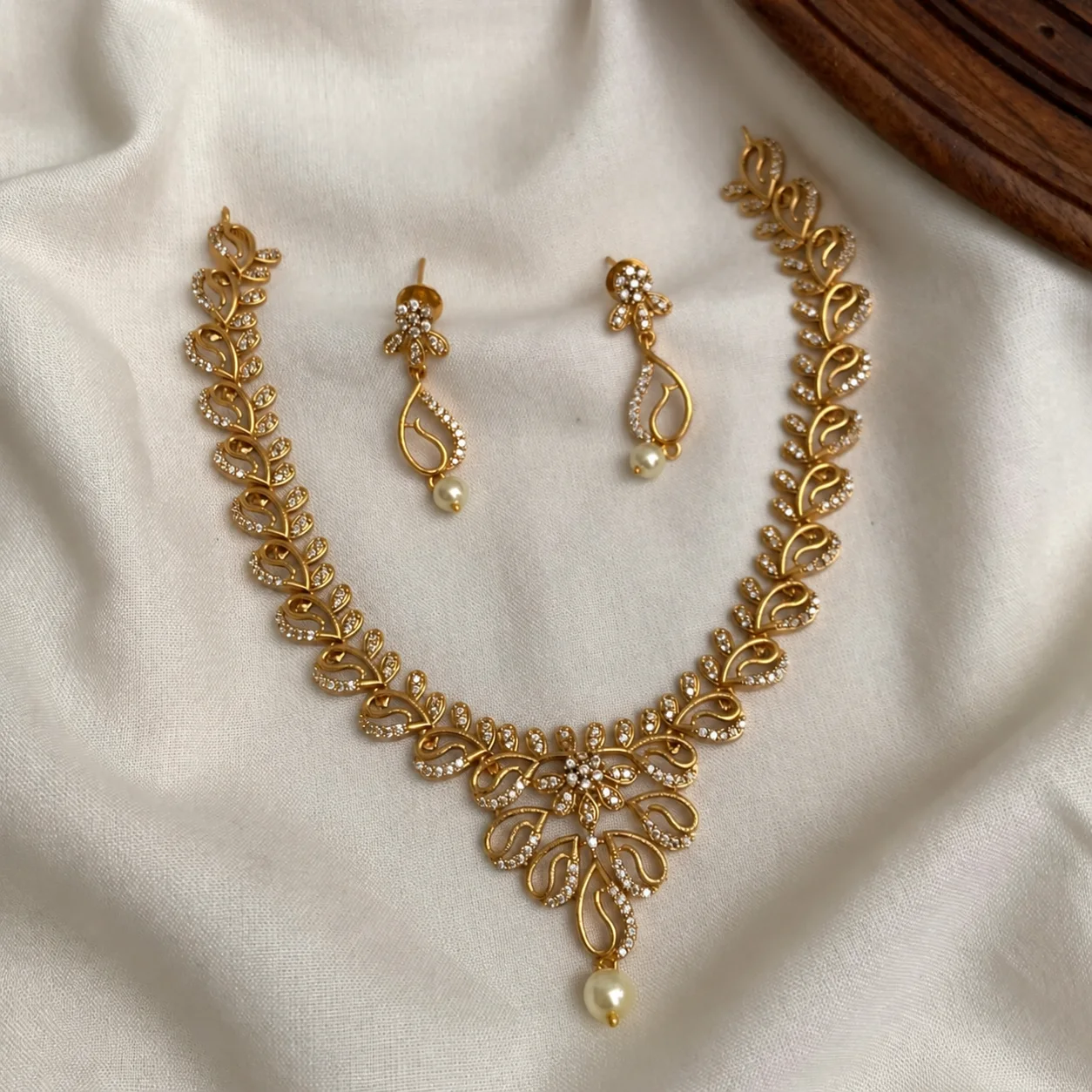 Premium Gold Plated American Diamond Leaf Design Necklace - Handcrafted Jewellery by Gleaming Glitz