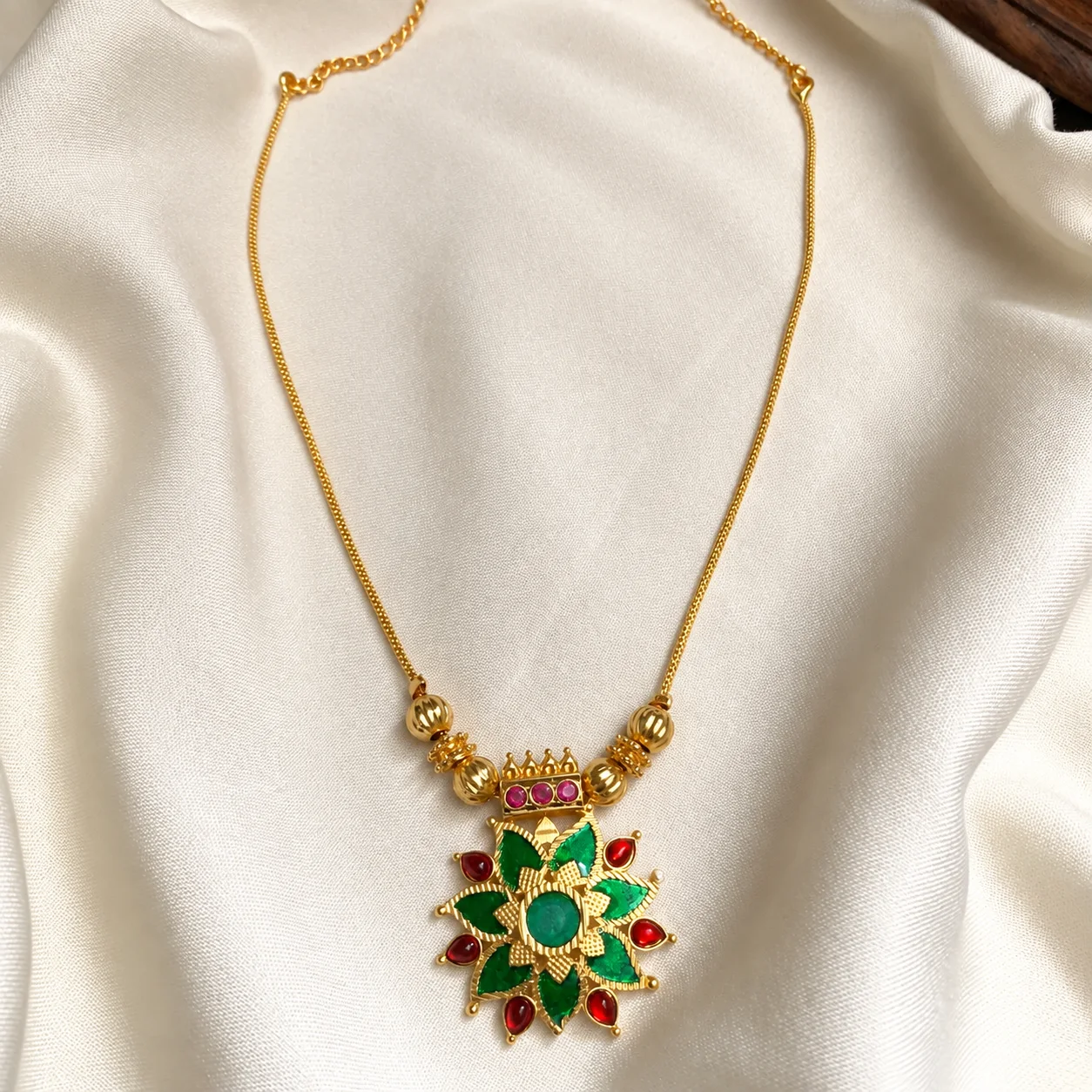 Emerald and Ruby Floral Pendant Kerala Style Necklace - Handcrafted Jewellery by Gleaming Glitz