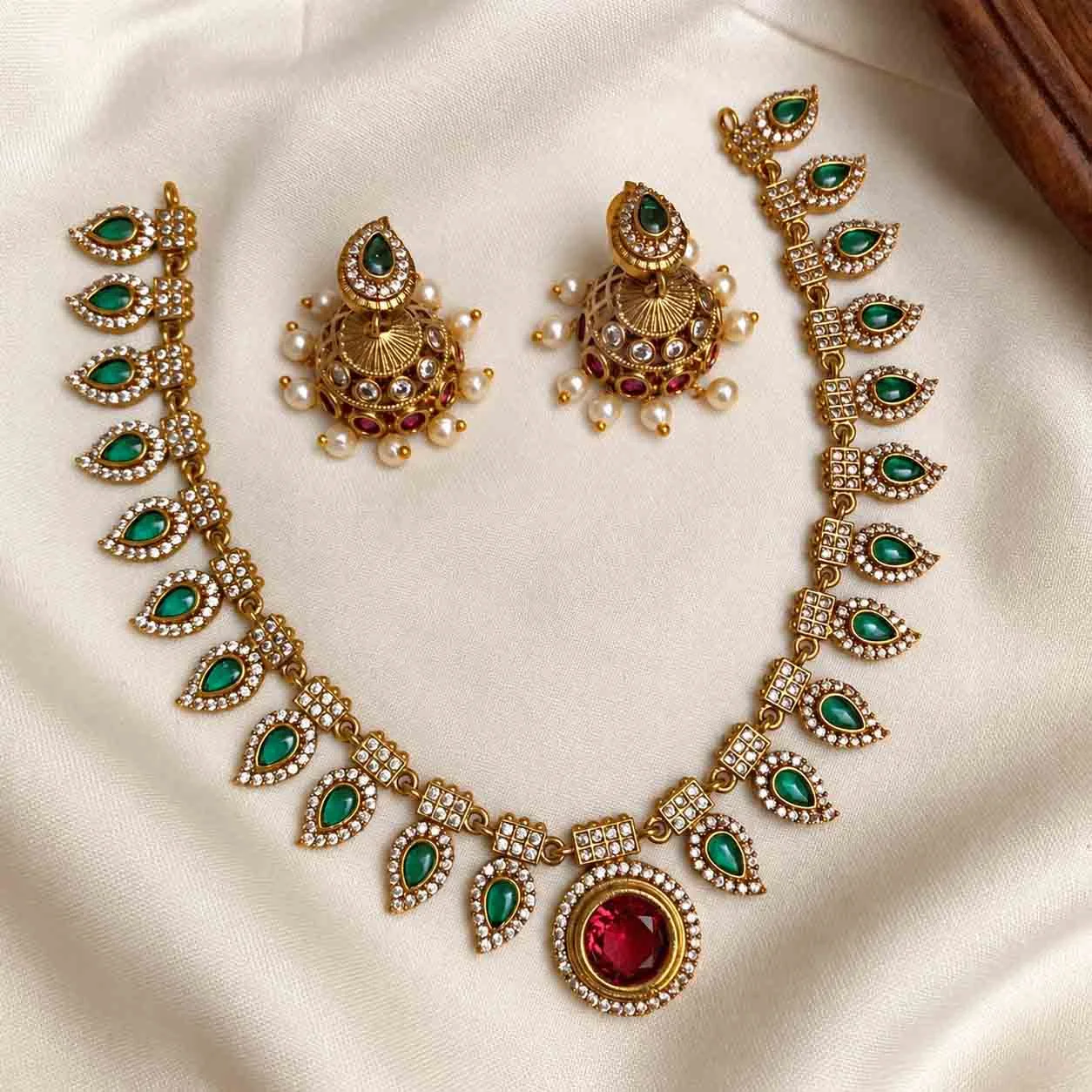 Traditional Pallakka set with Red stone Pendant - Handcrafted Jewellery by Gleaming Glitz