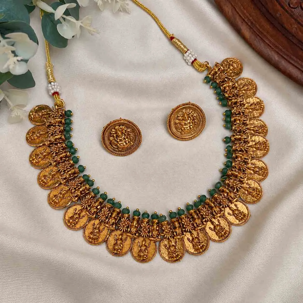 Matte Coin Necklace with Green Agate Pearls - Handcrafted Jewellery by Gleaming Glitz