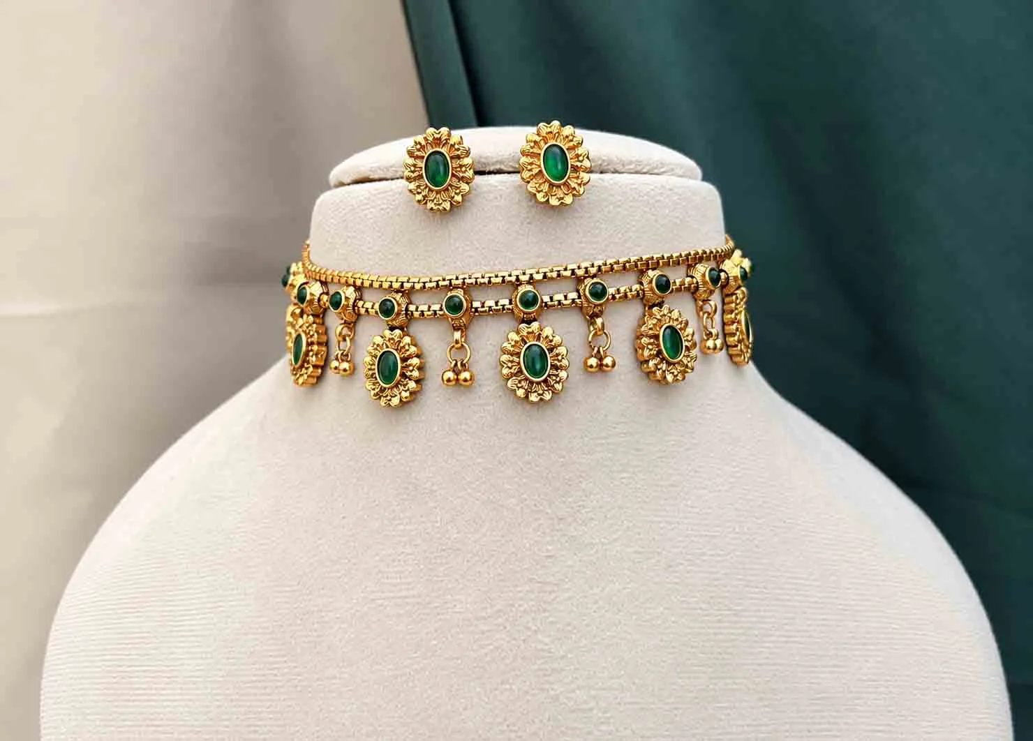 Trending  Double line Green Stone Floral choker - Handcrafted Jewellery by Gleaming Glitz