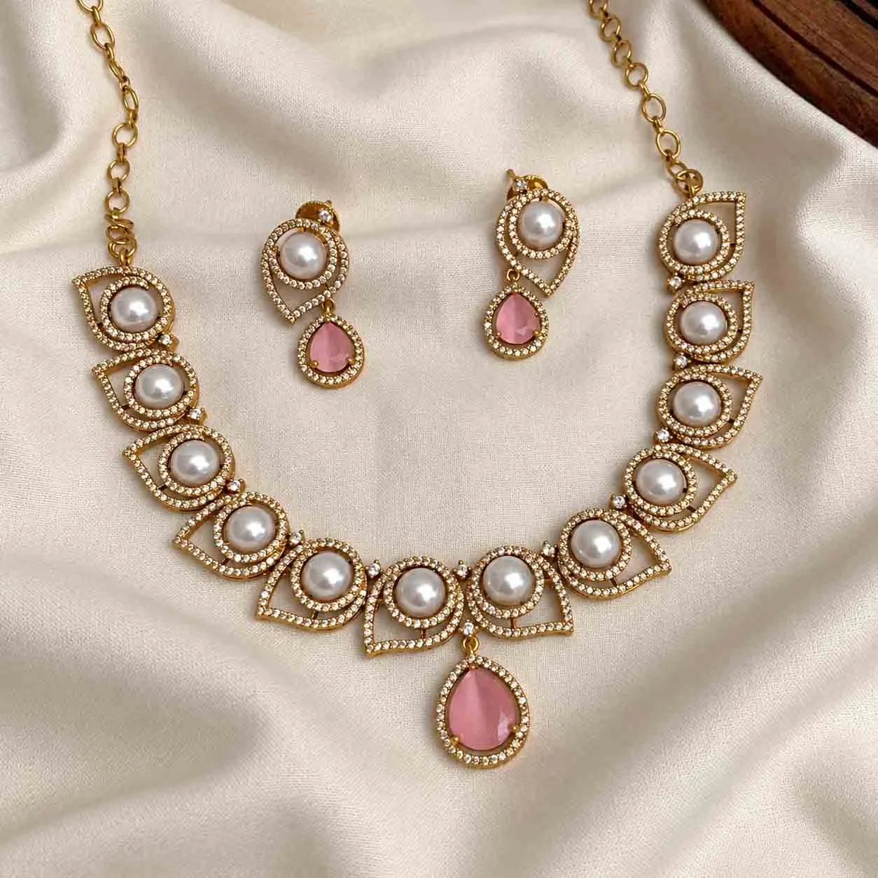 Pink stone and white pearl Necklace - Necklaces by Gleaming Glitz