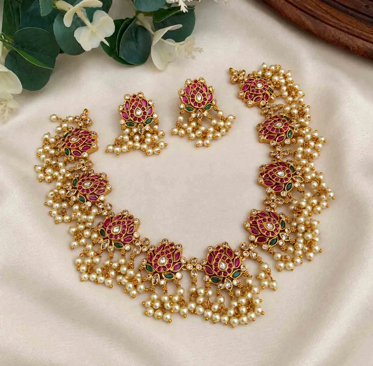Premium  Kempu Lotus Necklace - Necklaces by Gleaming Glitz