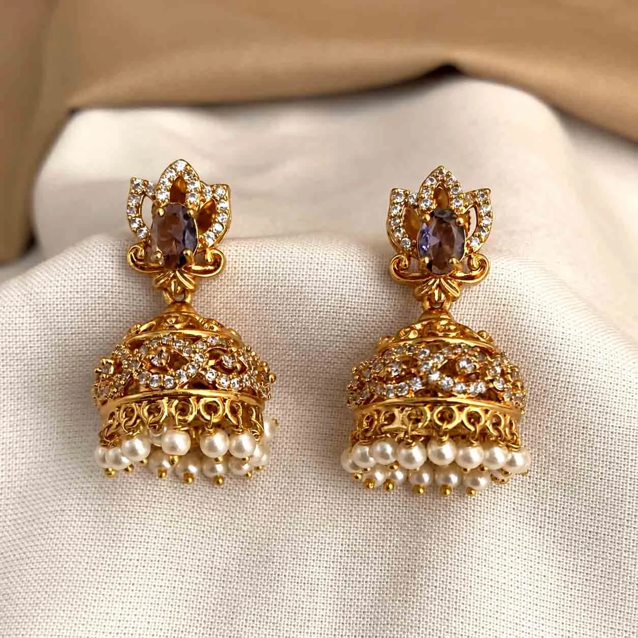 Purple CZ stone Jumka with white AD Work - Jumka by Gleaming Glitz