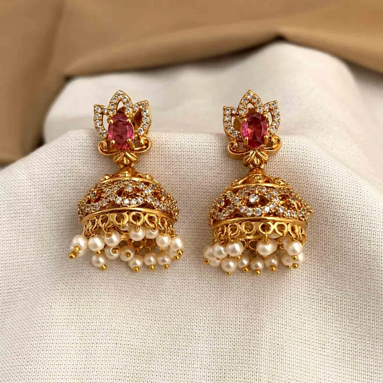 Red CZ Stone Jumka with white AD work - Jumka by Gleaming Glitz