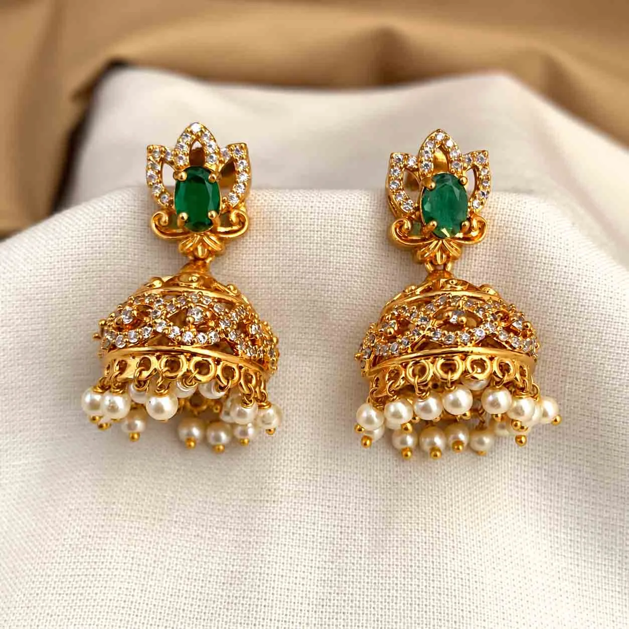 Green CZ Stone Jumka with white AD work - Jumka by Gleaming Glitz