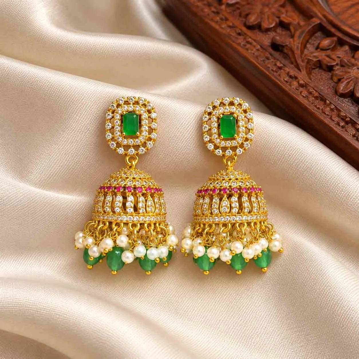 Traditional Style CZ Jumka with mint green beads - Jumka by Gleaming Glitz